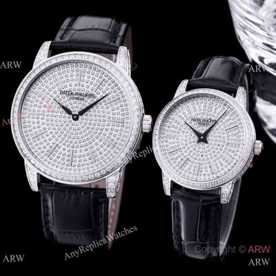 Replica Patek Philippe Calatrava Couple Watches Quartz Pave Diamond Dial